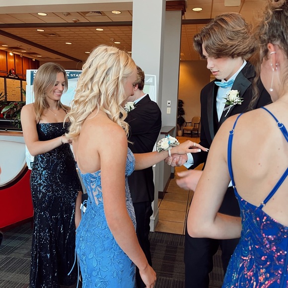 Sherri Hill Blue Lace Prom Dress - Picture 3 of 3